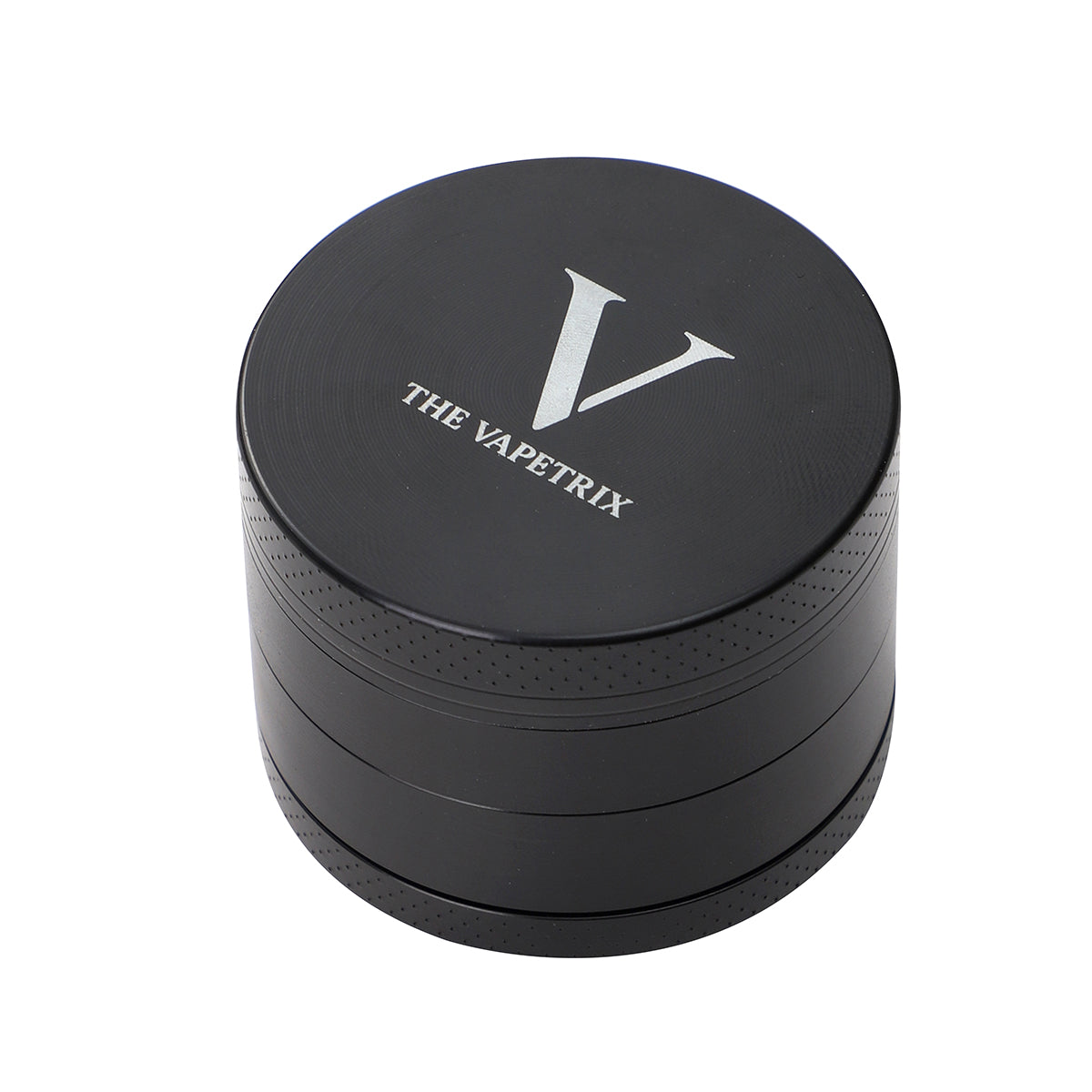 The Vapetrix 4-delt sort urtekværn med magnetlåg, rummer 5 doseringskapsler